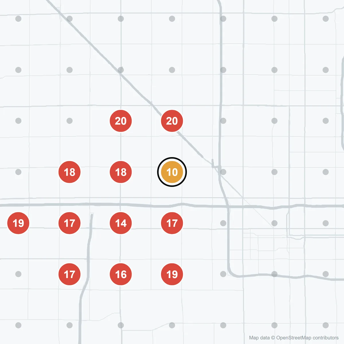 Google Maps ranks for &ldquo;paint supply store&rdquo; around Finisher's Warehouse, September 5, 2026. A week before the new site: in the results at 12 of 49 spots, one of them in the top 10.