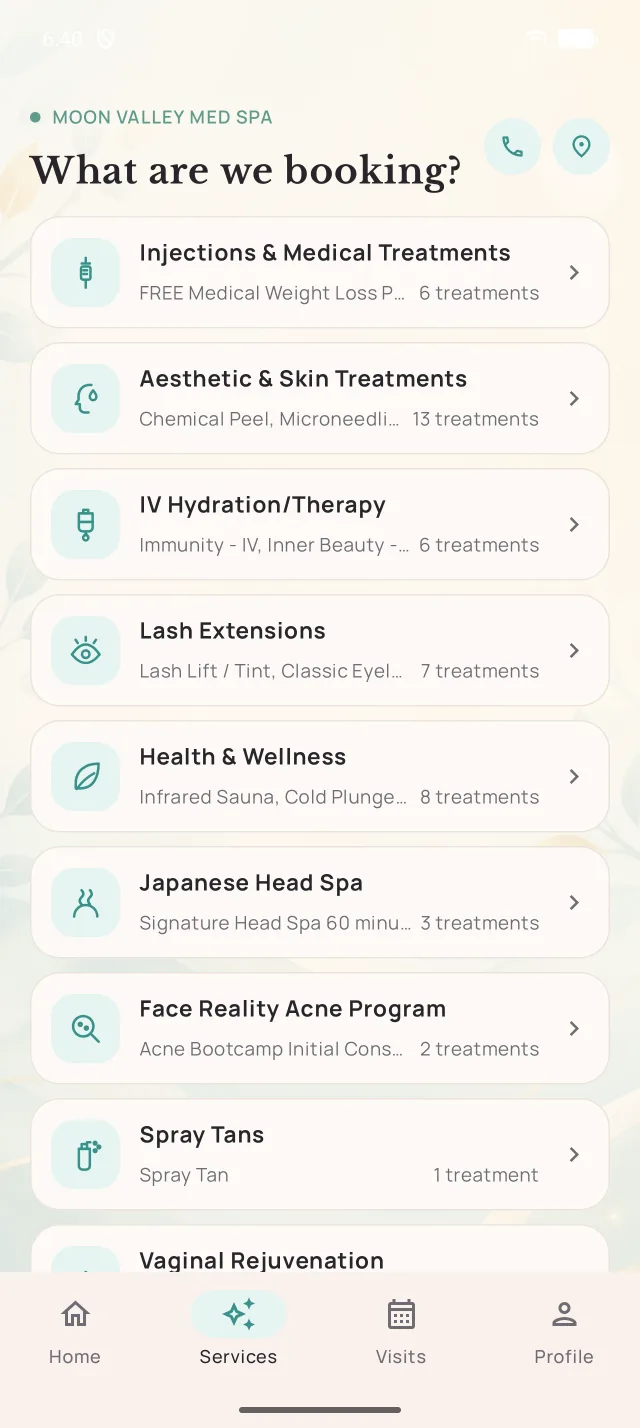 Moon Valley Med Spa app: Treatment menu