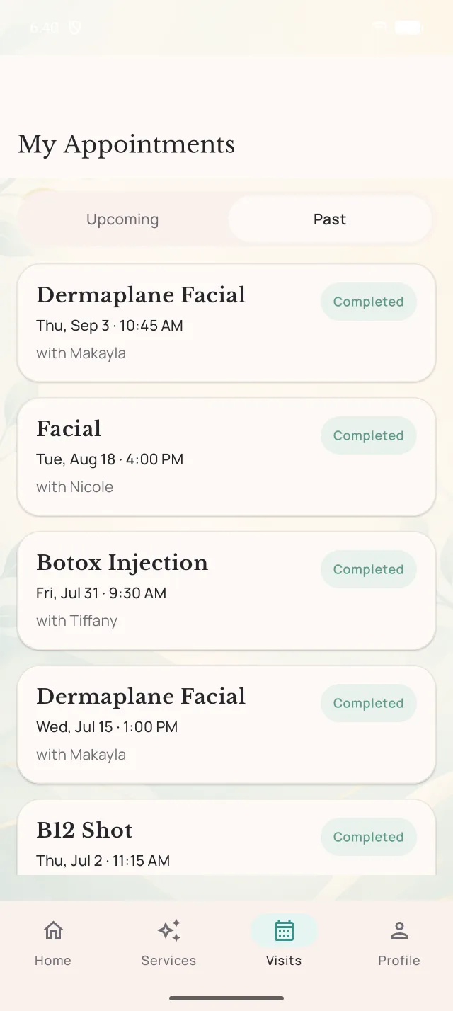 Moon Valley Med Spa app: Visit history