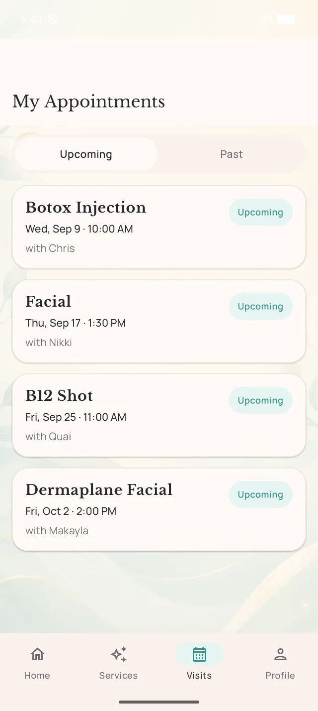 Moon Valley Med Spa app: Upcoming visits